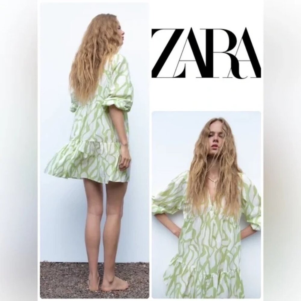 Zara The Jenny Dress Cotton Lime and White Babydoll Swing Dress XS